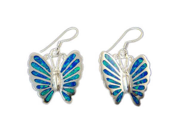 925 Sterling Silver Hawaiian Blue Inlay Fire Opal Butterfly Dangle Earrings Set 8gr