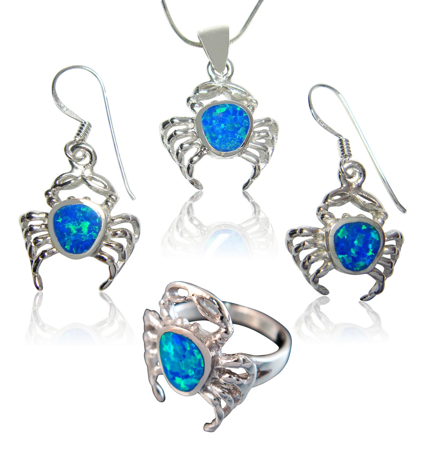 925 Sterling Silver Hawaiian Blue Opal Crab Ring Pendant Dangle Earrings Set