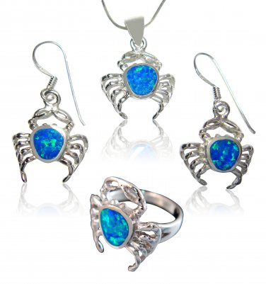 925 Sterling Silver Hawaiian Blue Opal Crab Ring Pendant Dangle Earrings Set