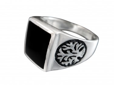 925 Sterling Silver Men's Celtic Tree Of Life Black Rectangular Onyx Ring 9gr