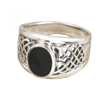925 Sterling Silver Mens Oval Black Onyx Inlay Celtic Woven Mesh Knot Ring