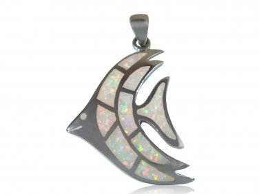 925 Sterling Silver White Fire Inlay Opal Sea Fish Big Pendant 8gr