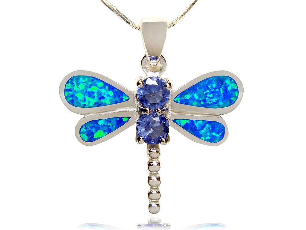 925 Sterling Silver Pendant Blue Opal Cubic Zirconia Dragonfly