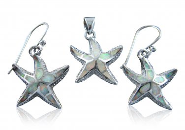 925 Sterling Silver White Opal Starfish Pendant Earrings Set