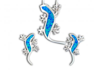 925 Sterling Silver Hawaiian Blue Opal Lizard Pendant Stud Earrings Set