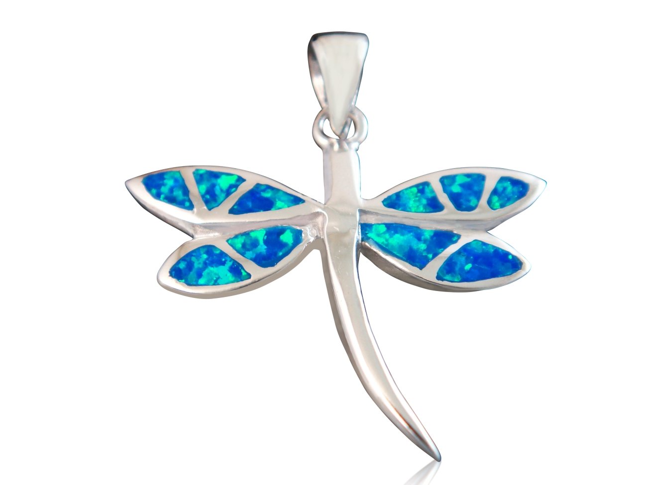 925 Sterling Silver Hawaiian Fire Inlay Blue Opal Dragonfly Charm Pendant