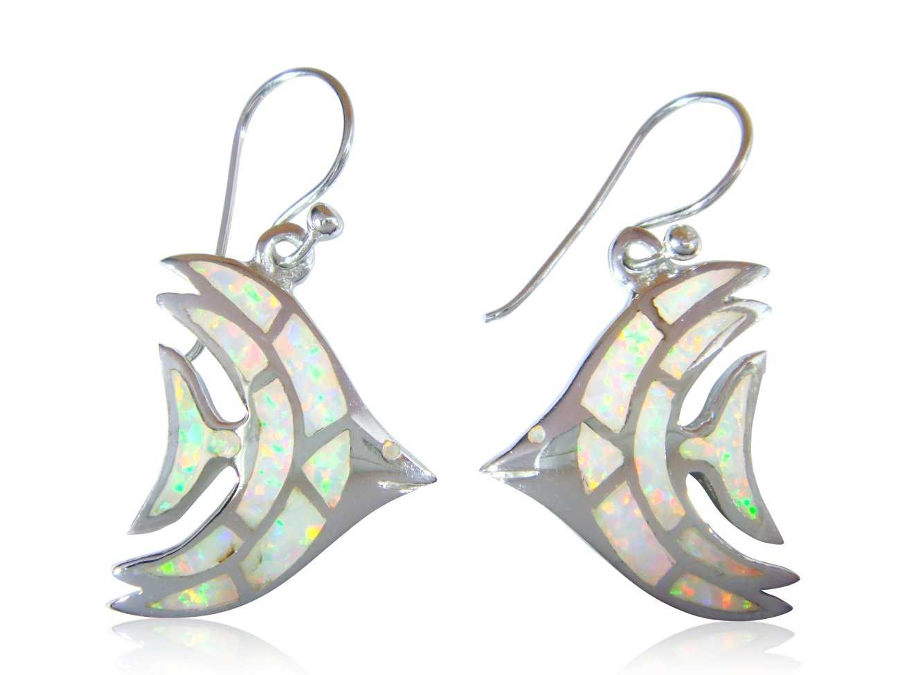 925 Sterling Silver White Fire Opal Fish Dangle Earrings Jewelry Set