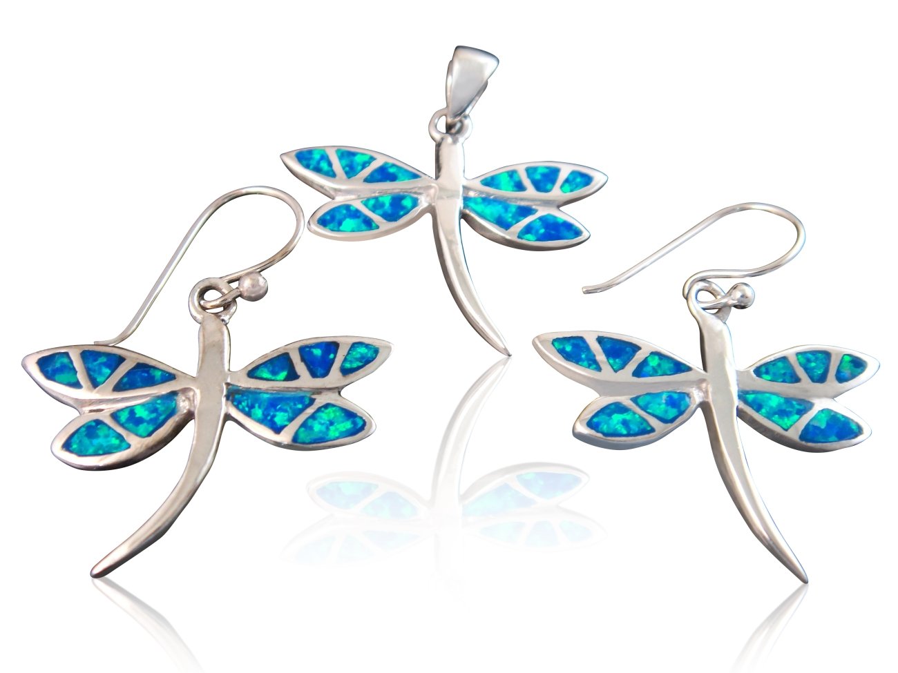 925 Sterling Silver Hawaiian Blue Opal Dragonfly Dangle Earrings Pendant Set