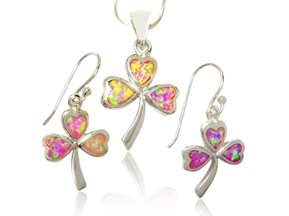 925 Sterling Silver Pink Fire Inlay Opal Celtic Irish Shamrock Clover Pendant Earrings Set