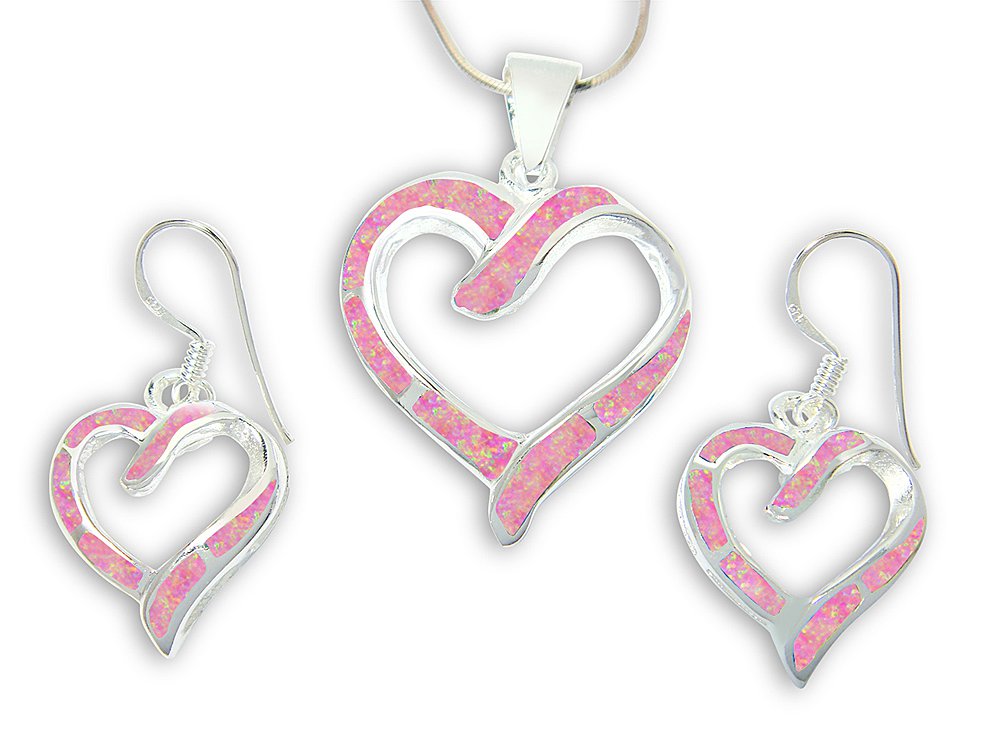 925 Sterling Silver Pink Fire Inlay Opal Love Heart Dangle Earrings Pendant Set