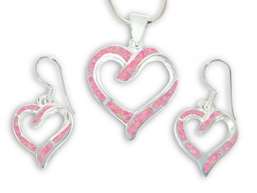 925 Sterling Silver Pink Fire Inlay Opal Love Heart Dangle Earrings Pendant Set