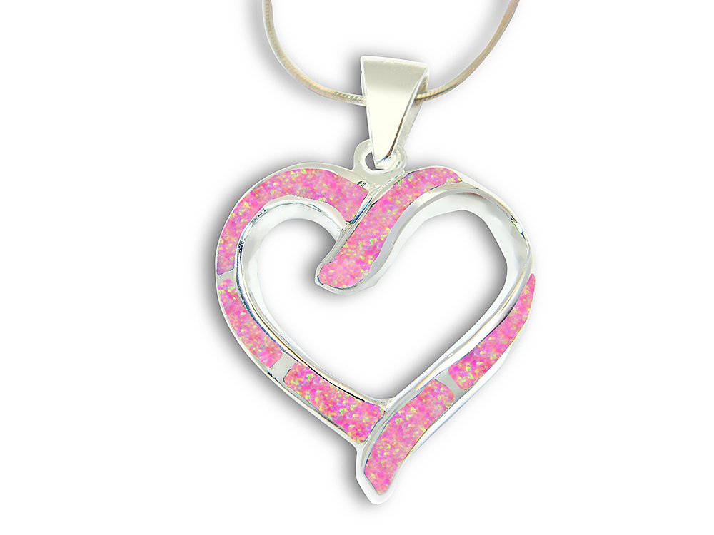 925 Sterling Silver Pink Fire Inlay Opal Heart Love Charm Pendant