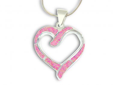925 Sterling Silver Pink Fire Inlay Opal Heart Love Charm Pendant