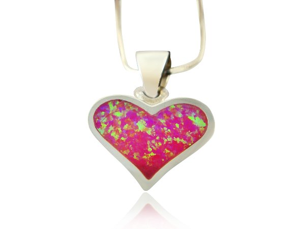 925 Sterling Silver Pink Fire Inlay Opal Heart Love Charm Pendant