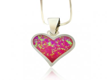 925 Sterling Silver Pink Fire Inlay Opal Heart Love Charm Pendant
