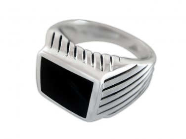 925 Sterling Silver Mens High Polish Black Onyx Striped Sides Ring