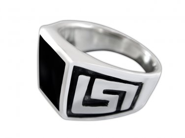 925 Sterling Silver Men's Onyx Engraved Greek Key Meander Meandros Ring