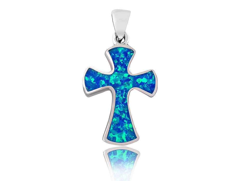 925 Sterling Silver Hawaiian Blue Fire Inlay Opal Gothic Cross Charm Pendant