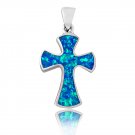 925 Sterling Silver Hawaiian Blue Fire Inlay Opal Gothic Cross Charm Pendant