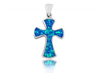 925 Sterling Silver Hawaiian Blue Fire Inlay Opal Gothic Cross Charm Pendant