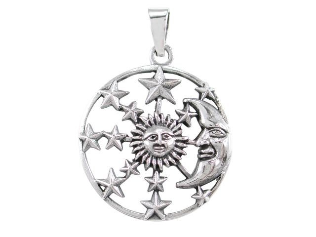 925 Sterling Silver Sun Crescent Moon Face Sky Stars Heaven Charm Pendant