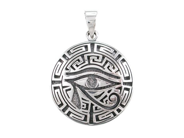 925 Sterling Silver Egyptian Eye of Horus Wedjat Wadjet Udjat Greek Key Meander Charm Pendant