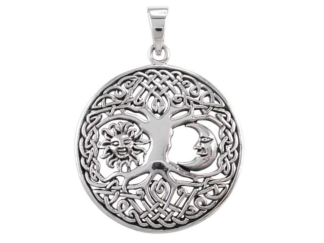 925 Sterling Silver Sun Crescent Moon Faces Celtic Knots Tree of Life Round Charm Pendant