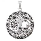 925 Sterling Silver Sun Crescent Moon Faces Celtic Knots Tree of Life Round Charm Pendant