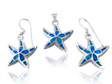 925 Sterling Silver Hawaiian Blue Fire Inlay Opal Starfish Pendant Dangle Earrings Set