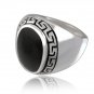 925 Sterling Silver Men's Oval Black Onyx Engraved Greek Key Meander Thick Ring