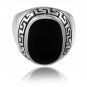 925 Sterling Silver Men's Oval Black Onyx Engraved Greek Key Meander Thick Ring