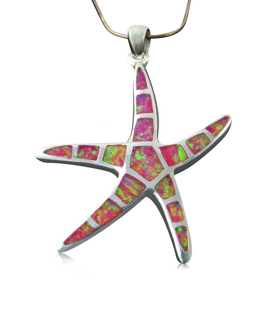 925 Sterling Silver Pink Fire Inlay Opal Sea Life Big Starfish Charm Pendant 7gr