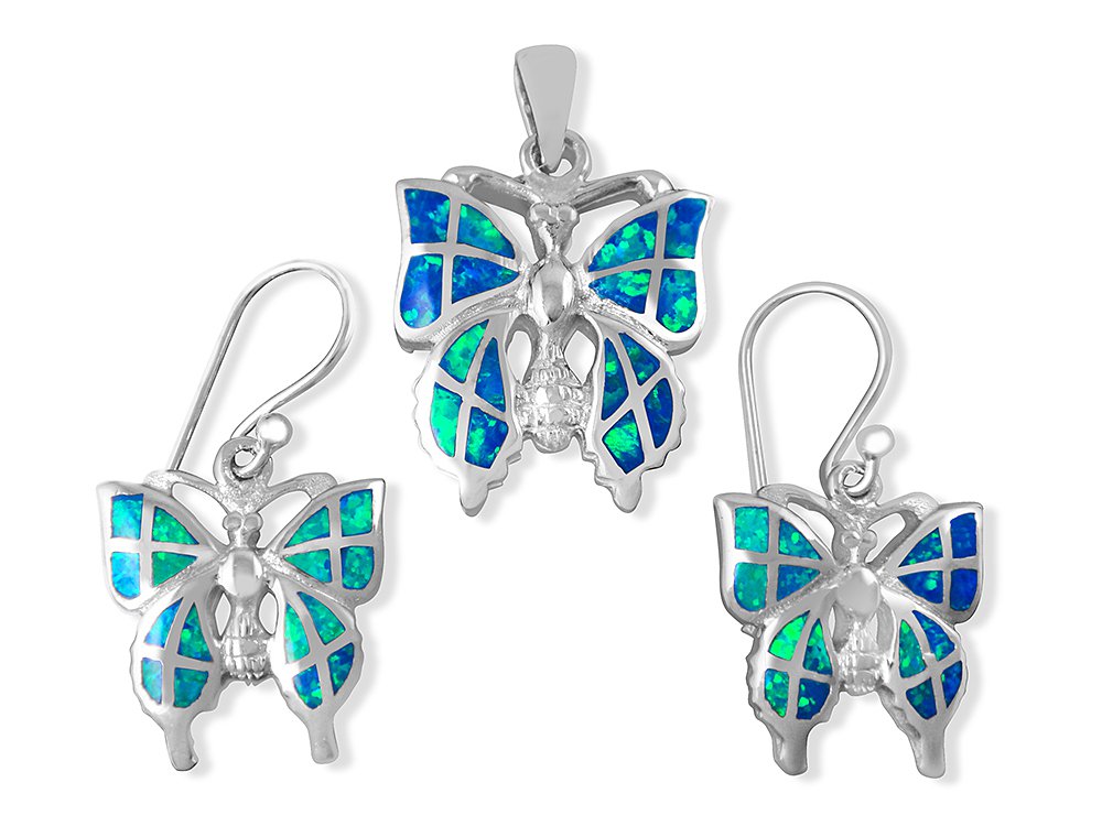 925 Sterling Silver Hawaiian Blue Fire Inlay Opal Butterfly Pendant Dangle Earrings Set