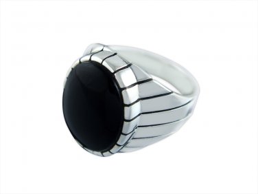 925 Sterling Silver Mens Oval Black Onyx Engraved Sides Classic Ring