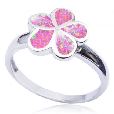 925 Sterling Silver Pink Fire Inlay Opal Plumeria Flower Lovely Ring