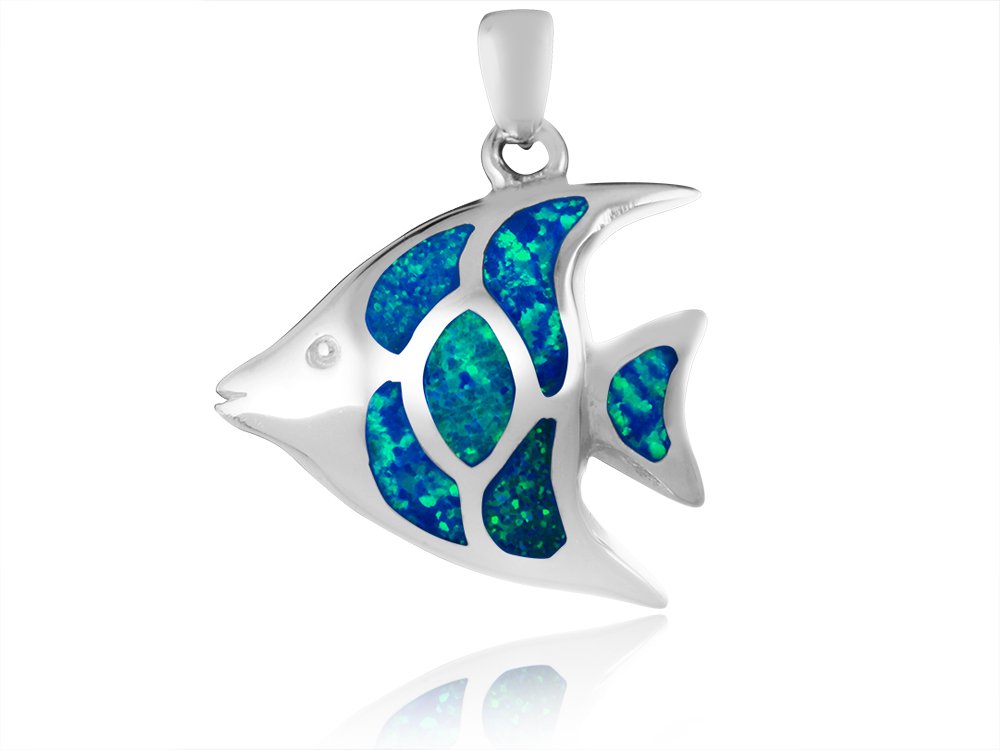925 Sterling Silver Hawaiian Blue Sea Inlay Fire Opal Fish Lovely Charm Pendant