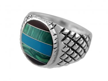 925 Sterling Silver Mens Onyx Malachite Turquoise Checkered Sides Solid Ring