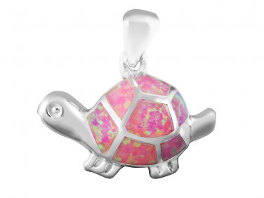 925 Sterling Silver Pink Inlay Fire Opal Lovely Lucky Turtle Charm Pendant