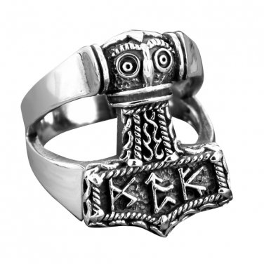 925 Sterling Silver Viking Thunder God Thor Hammer Mj&Atilde;&para;lnir Mjolnir Futhark  Norse Runes Biker Ring