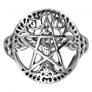 925 Sterling Silver Cut Out Ancient Tree of Life Pentacle Wiccan Pagan Pentagram Ring