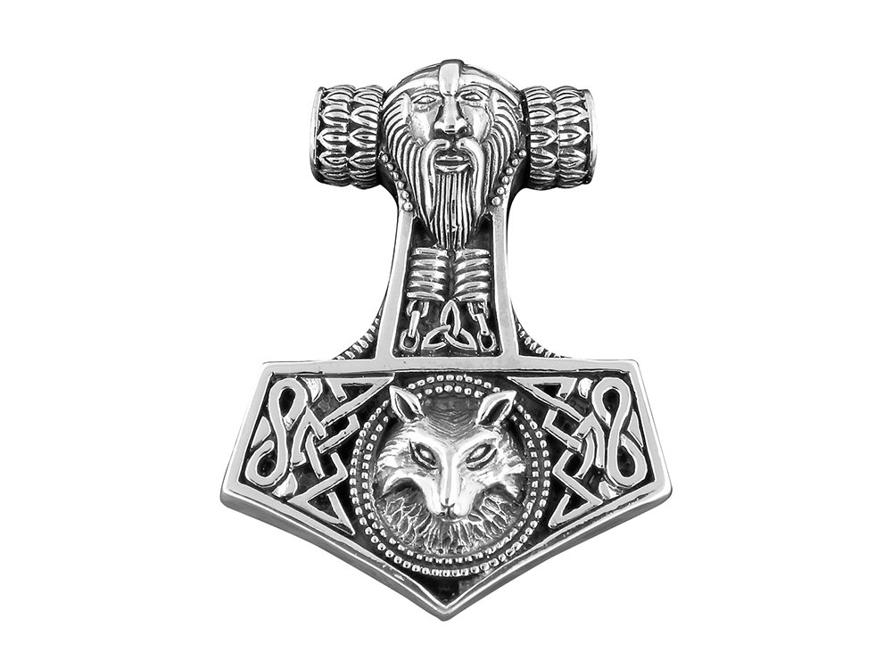 925 Sterling Silver Viking Wolf Thor Hammer Mjölnir Mjolnir Charm Pendant 33mm