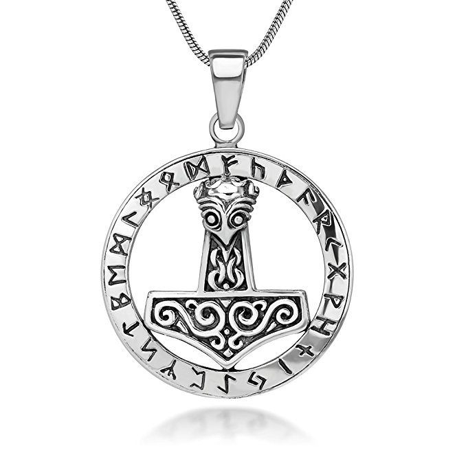 925 Sterling Silver Thor Hammer Mjolnir Mjölnir Icelandic Viking Norse Runes Runic Pendant