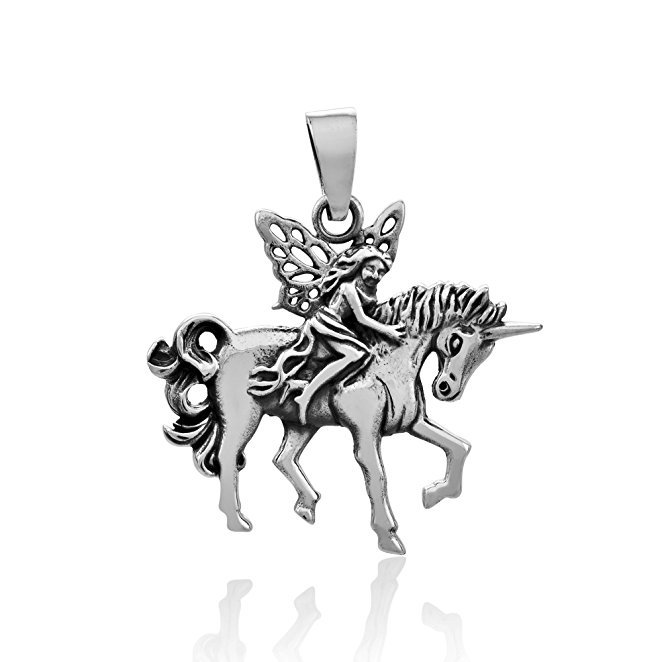 925 Sterling Silver Fairy Riding Unicorn High Polish Charm Pendant