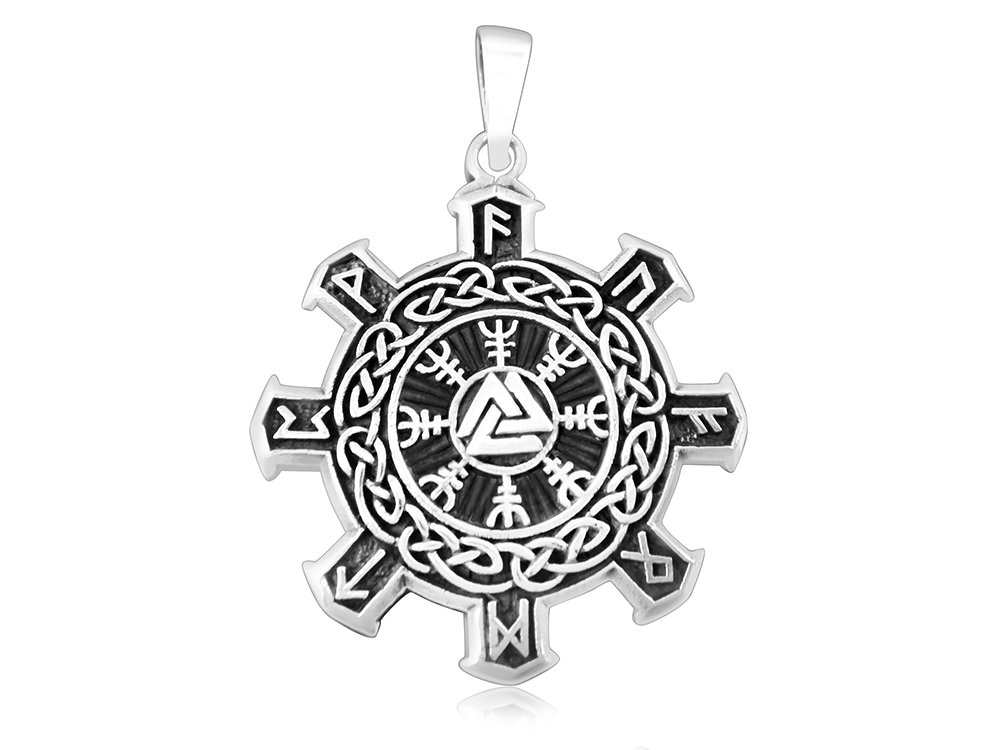 925 Sterling Silver Valknut Vegvisir Warrior Helm of Awe Viking Runes Futhark Celtic Knots Pendant