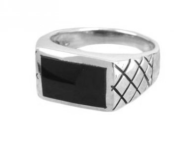 925 Sterling Silver Men's Black Onyx Engraved Checkered Wide Ring