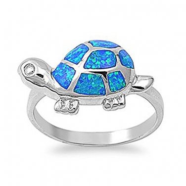 925 Sterling Silver Hawaiian Blue Fire Inlay Opal Lucky Turtle Ring