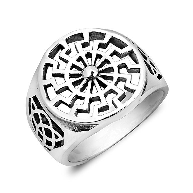 925 Sterling Silver German Schwarze Sonne Black Sun Wheel Sonnenrad Celtic Knot Ring