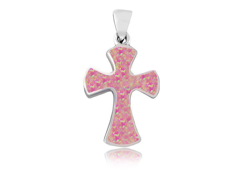 925 Sterling Silver Pink Fire Inlay Opal Gothic Cross Charm Pendant