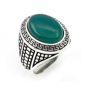 925 Sterling Silver Mens Green Agate Greek Key Meander Patterned Sides Ring