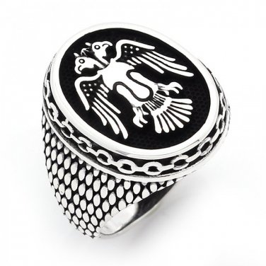 925 Sterling Silver Handmade Double-Headed Eagle Selcuklu Mens Oxidized Ring